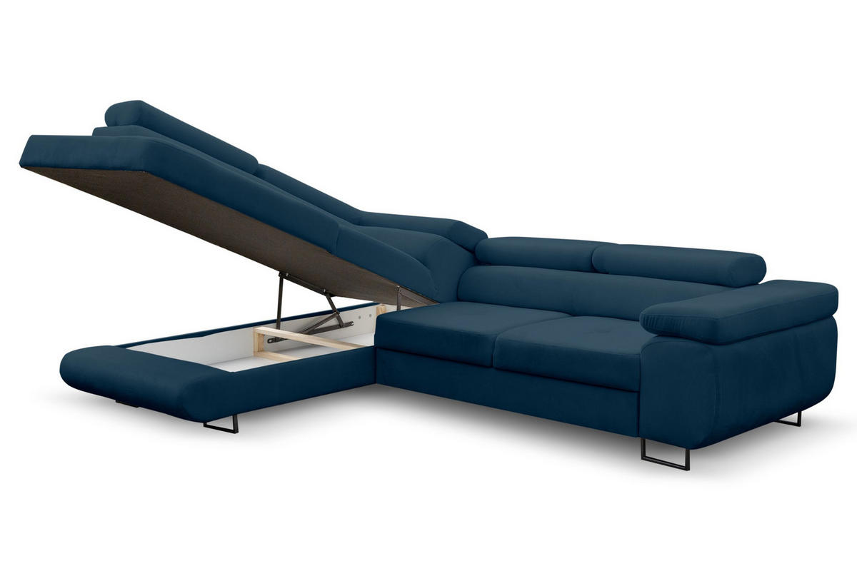 ECKSOFA Jerry in L-Form mit Schlaffunktion und Bettkasten, Farbe: Blau, Veloursstoff, Ottomane Links - Blau, Textil (202/275cm) - VENASI MÖBEL