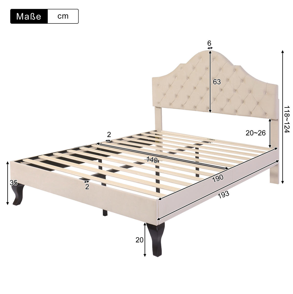 POLSTERBETT mit Lattenrost 140x190 cm Samt Off White - Beige, Holz (140/190cm) - Meubliv