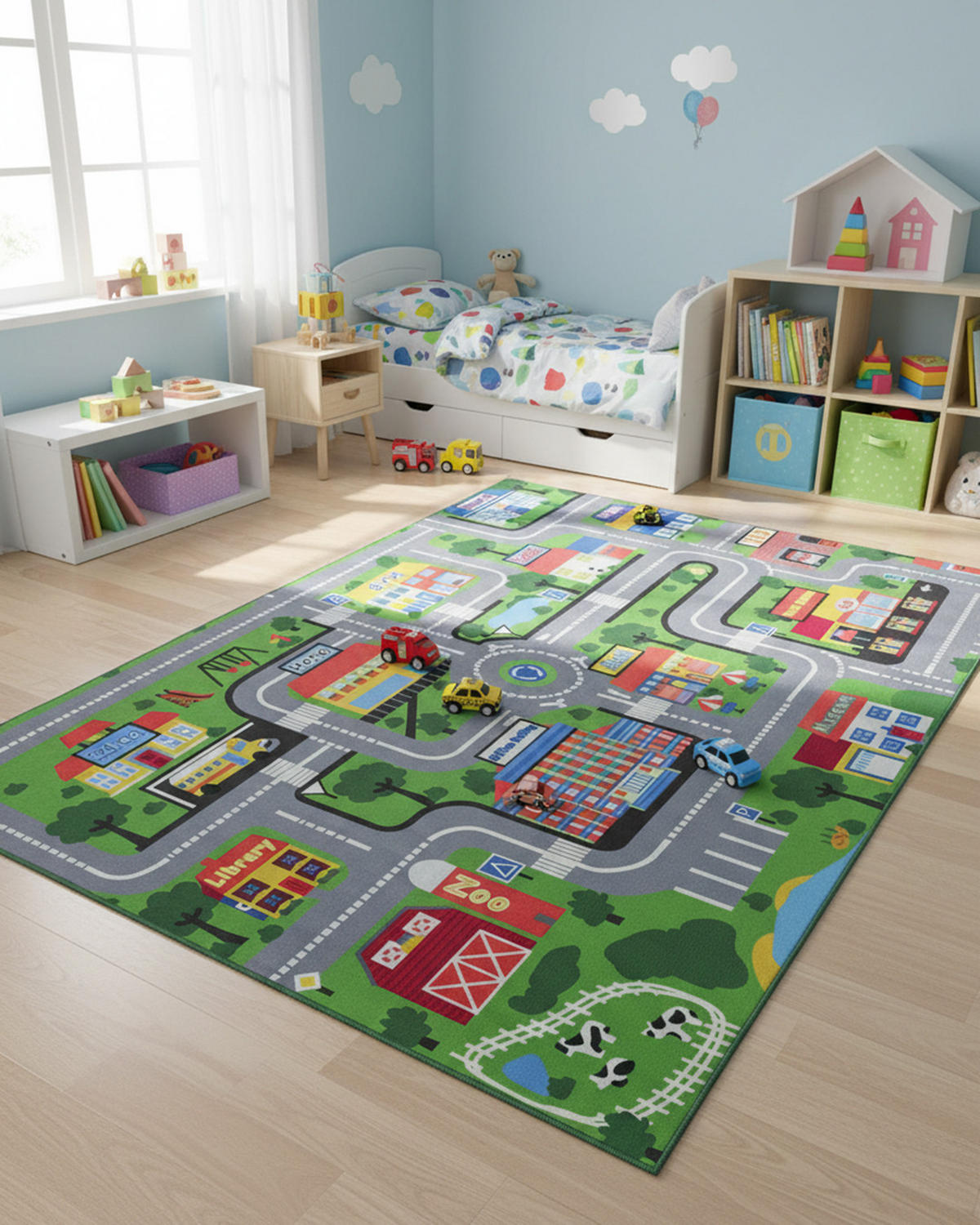 KINDERTEPPICH Bambini Borgo Mazovia 140x200cm Grau Grün Autos Kurzflor - Multicolor, Textil (140/200cm) - Mazovia