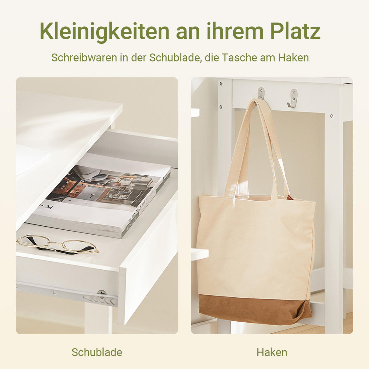 SCHREIBTISCH Weiß, 60 x 77 x 40 cm, mit Schublade und 2 Haken, bis 60 kg, für Homeoffice und Kinderzimmer - Weiß, Holzwerkstoff (40/60/77cm) - SoBuy