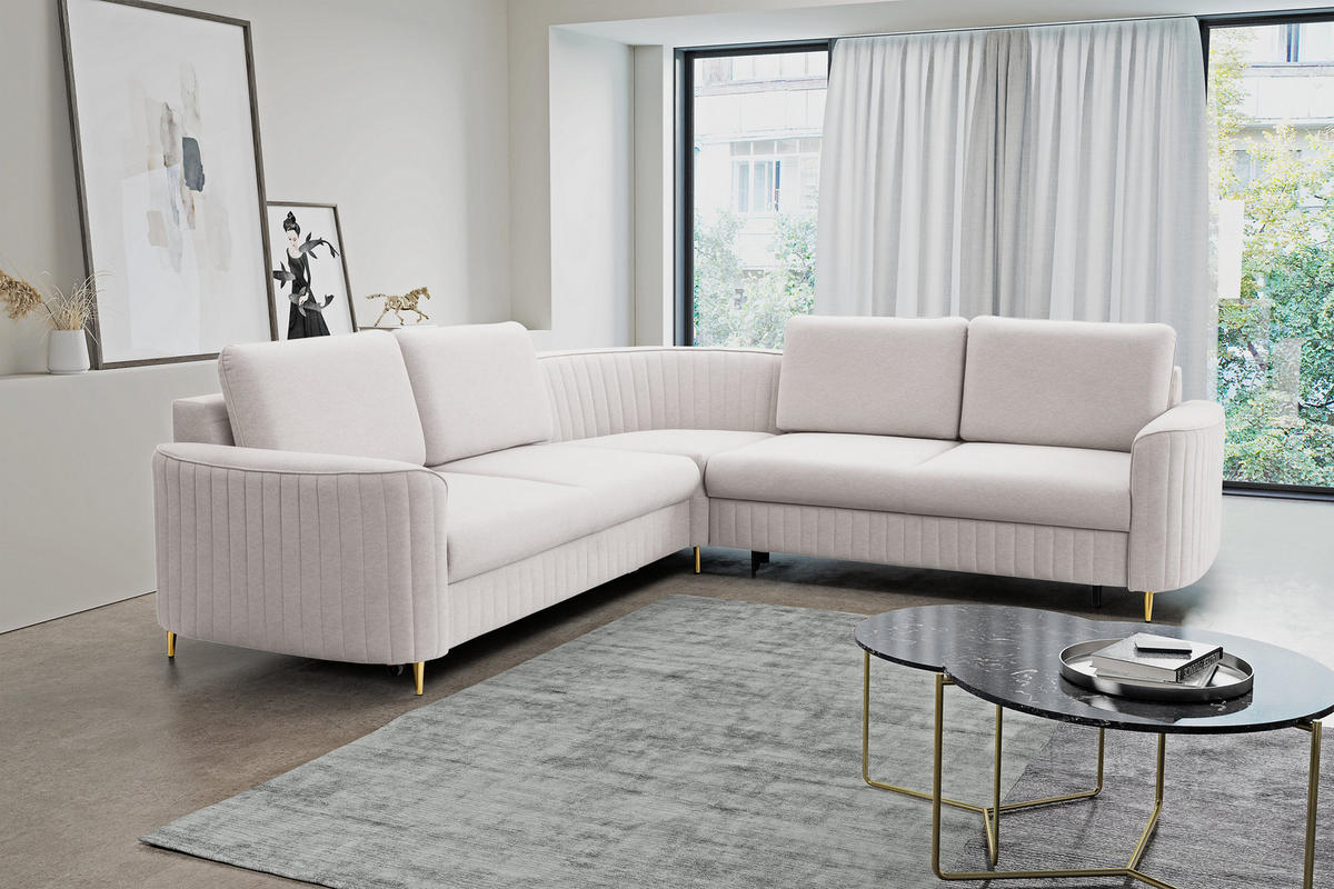ECKSOFA VELA L-S Beige Velours-Stoff mit Schlaffunktion - Beige, Holz (251/251cm) - MASSENO