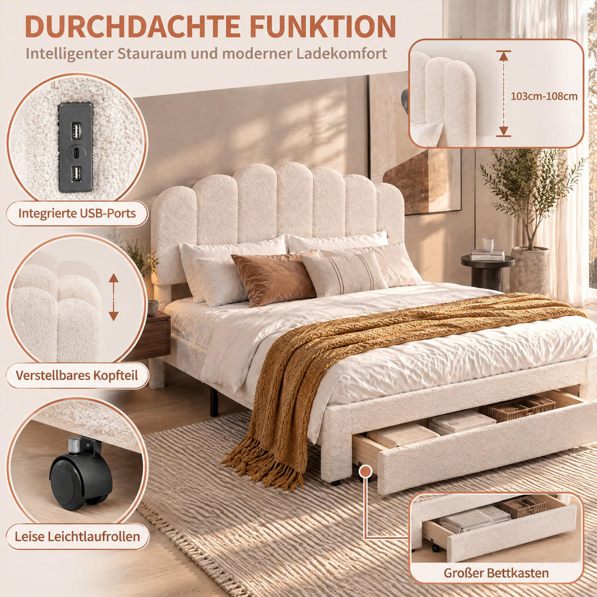 POLSTERBETT 140x200 cm mit Stauraum, Doppelbett mit Schubladen, USB und Typ-C, Lattenrost, verstellbares Kopfteil, Teddy-Fleece Beige - Beige, Holz/Metall (140/200cm) - GENKI LIVING