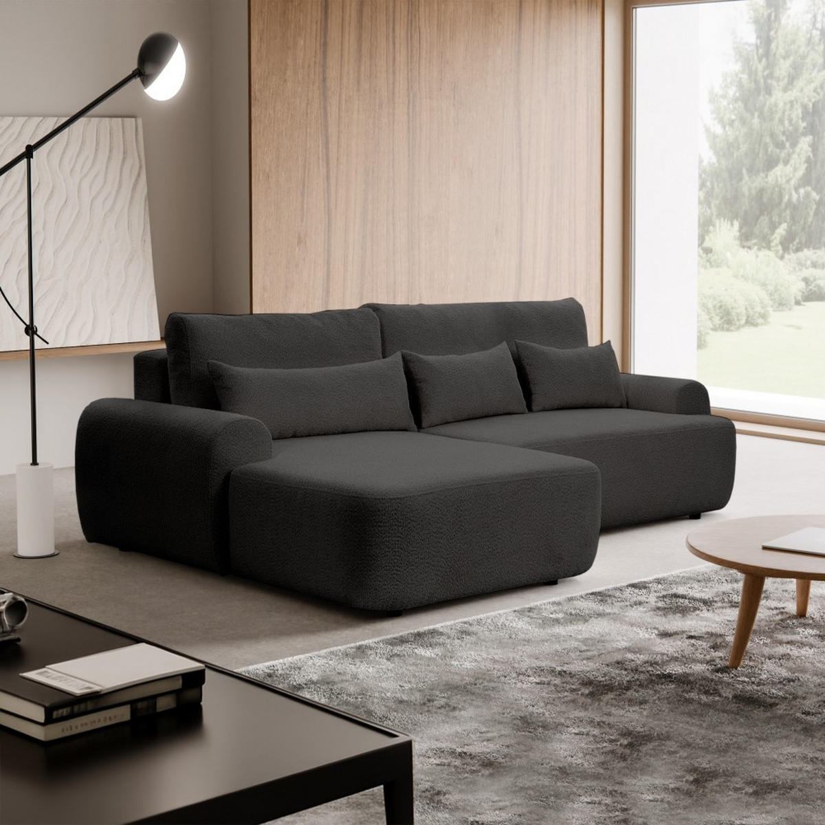 ECKSCHLAFSOFA Oliver im Bouclé-Gewebe, Schwarz, links - Schwarz, Textil (266/160cm) - Beautysofa