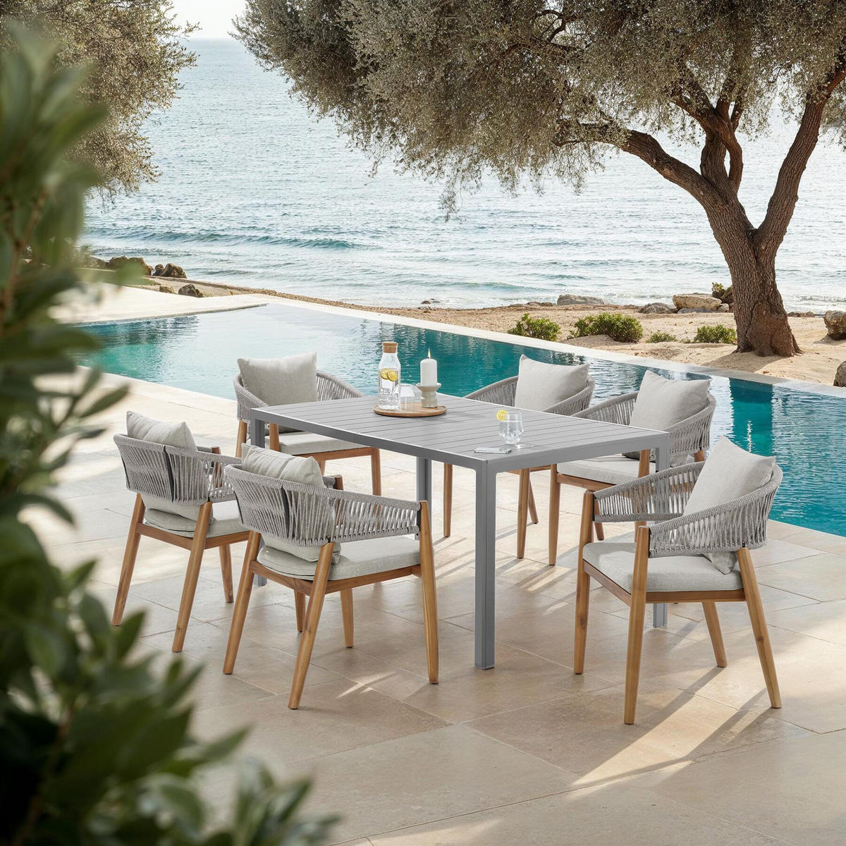 GARTENSTUHL Manacor, höhenverstellbare Kunststofffüße, greige - Greige/Braun, Holz (59/76.5/58cm) - tectake