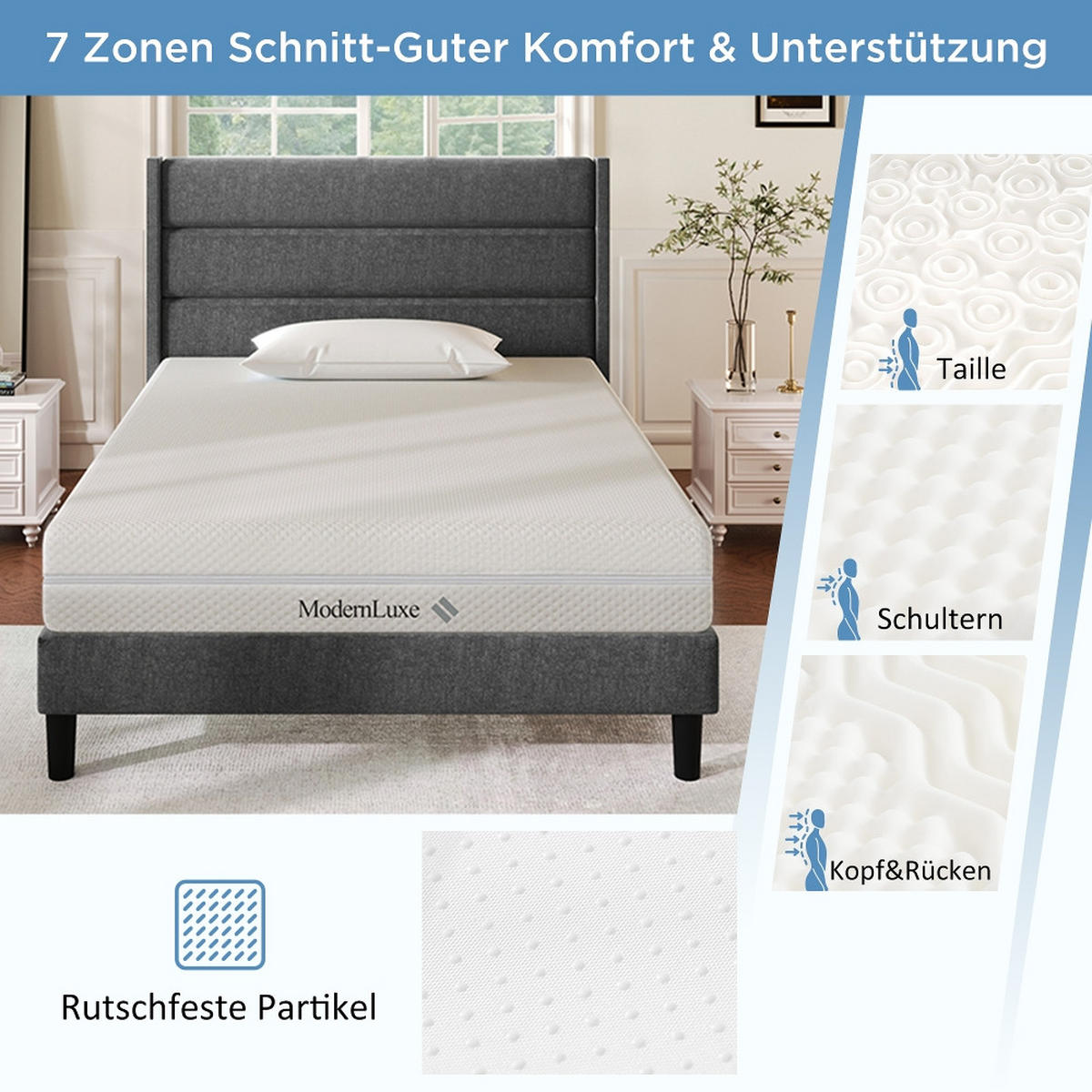 KALTSCHAUMMATRATZE, 7 ZONEN KOMFORTSCHAUM, H2 & H3 WENDEMATRATZE, waschbarer Bezug, 90/200/20 cm - Weiß, Metall (90/200cm) - Rolipo