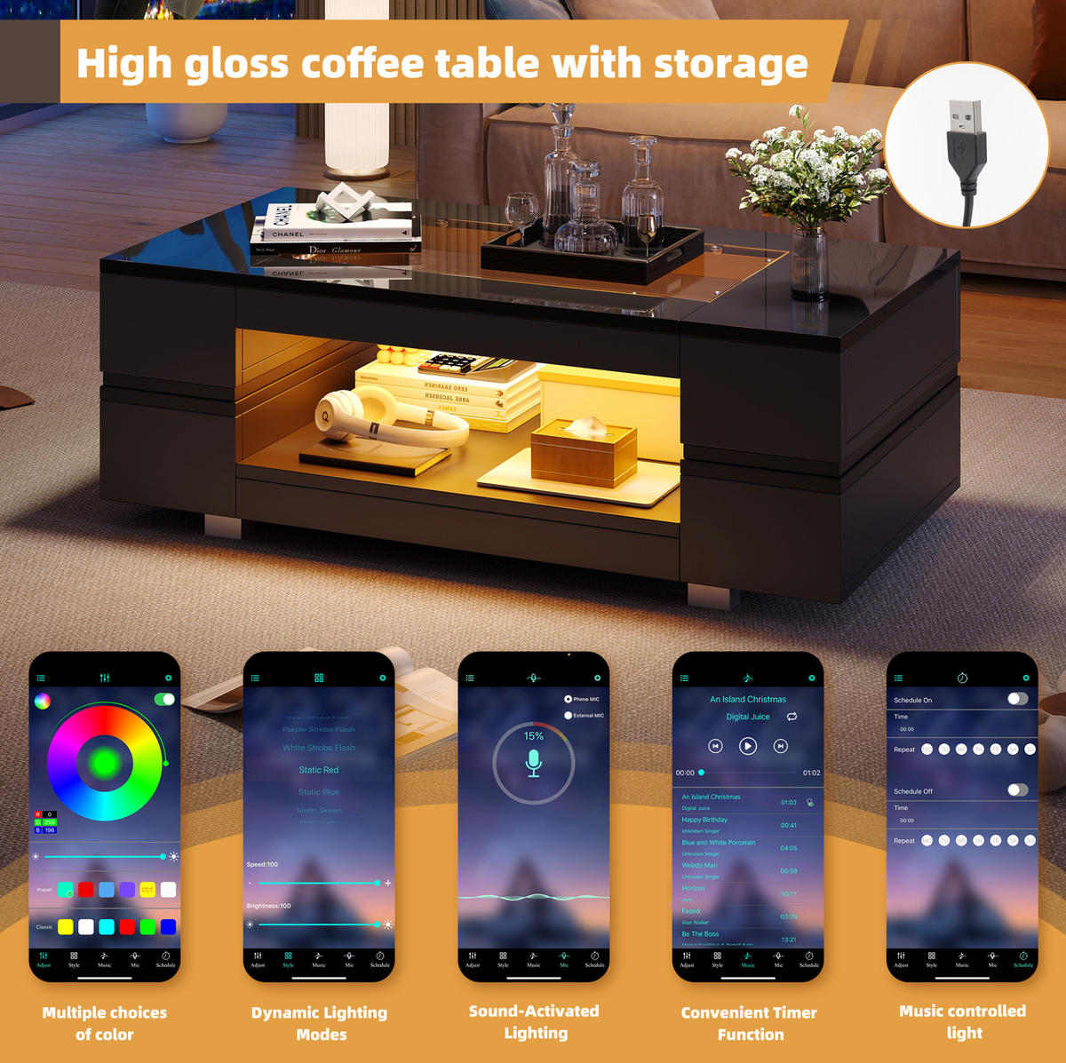 COUCHTISCH 100/50/35 cm schwarz aus Spanplatte und Sicherheitsglas mit LED - Schwarz, Holzwerkstoff (100/50/35cm) - OKMYHOME
