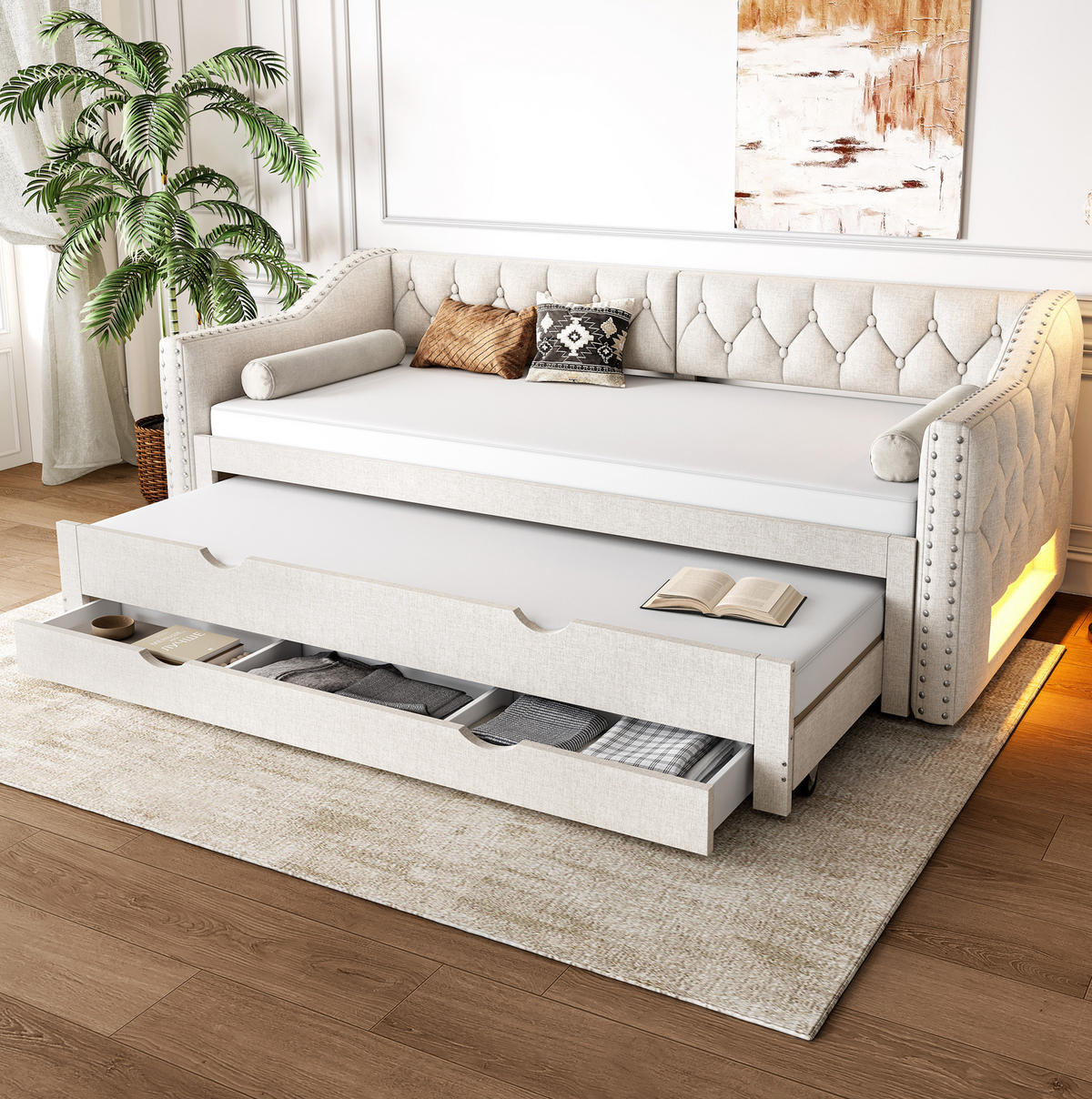 POLSTERBETT 90/200 cm mit LED-Beleuchtung, Ausziehbett und 3 Schubladen, Beige - Beige, Textil (90/200cm) - Redom