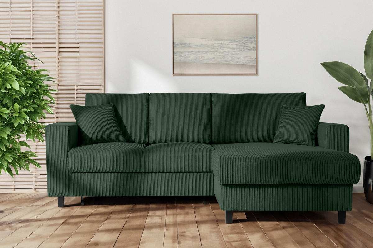ECKSCHLAFSOFA EGRET Rechts mit Bettkasten, Cord-Stoff, dunkelgrün - Dunkelgrün, Textil (234/90cm) - KONSIMO®