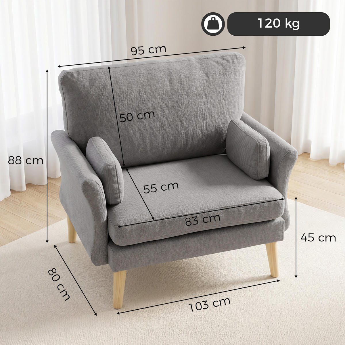 SESSEL Polyester Kautschukholz Dunkelgrau - Dunkelgrau/Naturfarben, Holzwerkstoff/Textil (80/88/103cm) - HOMCOM