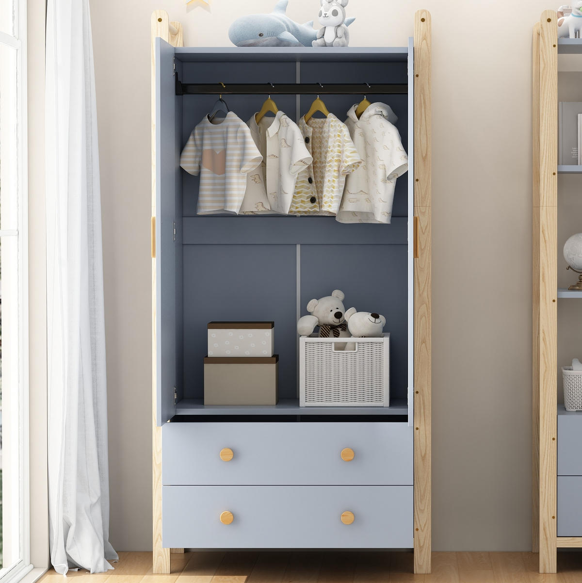 KLEIDERSCHRANK 89,6/44/180,5 cm blau/khaki aus Holzwerkstoff und Kiefer mit Kleiderstange und 2 Schubladen - Blau, Holzwerkstoff (44/180.5/89.6cm) - OKWISH