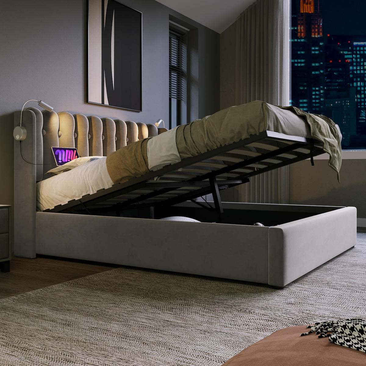 POLSTERBETT aus Samt 140x200 cm in Grau mit USB & Leselicht - Grau, Textil (140/200cm) - Modfu