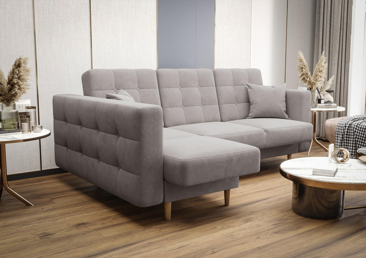 ECKSOFA KONGO RBN12, Eckcouch in L-Form mit Schlaffunktion, Farbe: Grau, Velourstoff, Ottomane Links - Grau, Textil (225/158cm) - O-Sofa