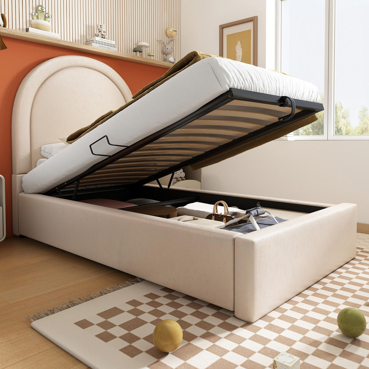 POLSTERBETT 90x200cm Einzelbett Kinderbett Kosmisches Muster PU Beige - Beige, Holz - FLIEKS