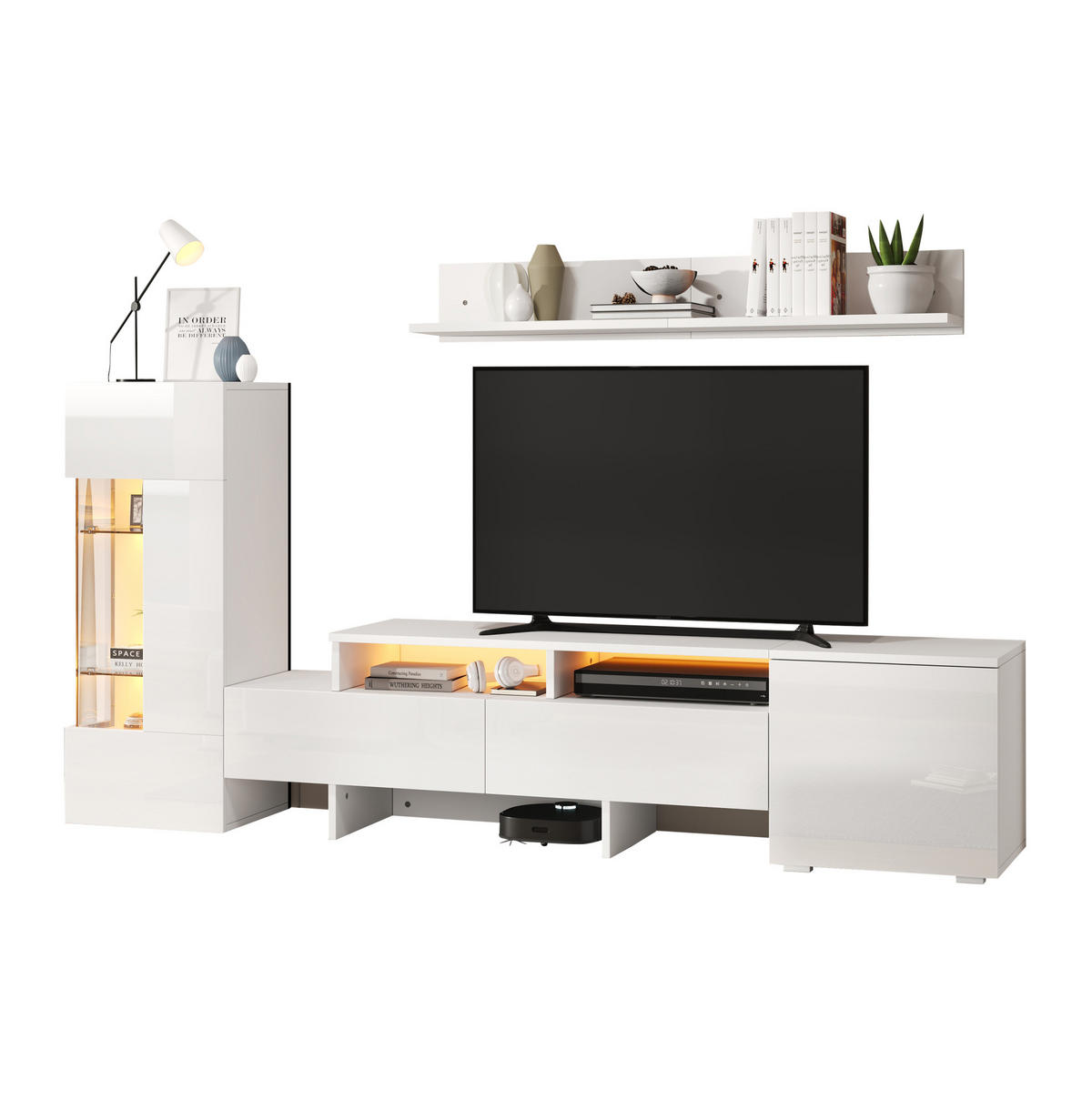 TV-LOWBOARD 3-teilig 170/35/45 cm mit LED-Beleuchtung, Hochglanzfronten und Soft-Close, Weiß - Weiß, Holzwerkstoff (170/45/35cm) - Redom