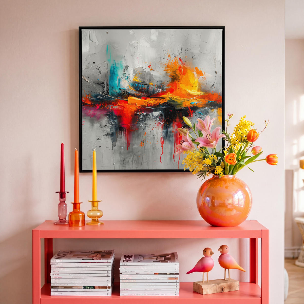 LEINWAND Bilder mit Rahmen - Moderne Kunst - Orange - Grau - Abstrakt - 50x50 - Hellgrau, Textil (50/50cm) - MuchoWow
