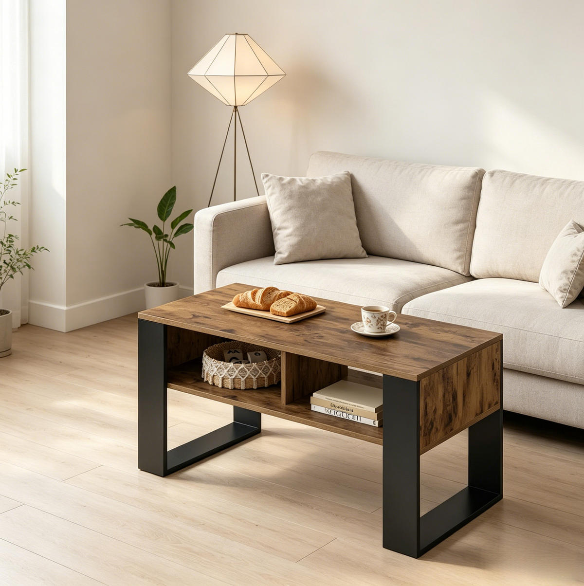 COUCHTISCH aus Holz 90x45x45 cm Schwarz/Rustikalbraun mit 2 offenen Fächern - Schwarz, Holz (90/45/45.5cm) - IVMEU