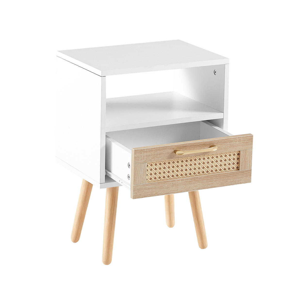 NACHTTISCH 40/30/55 cm in Weiß/Natur mit Schublade & Rattanfront - Hellbraun, Holzwerkstoff (30/55/40cm) - BEAOK