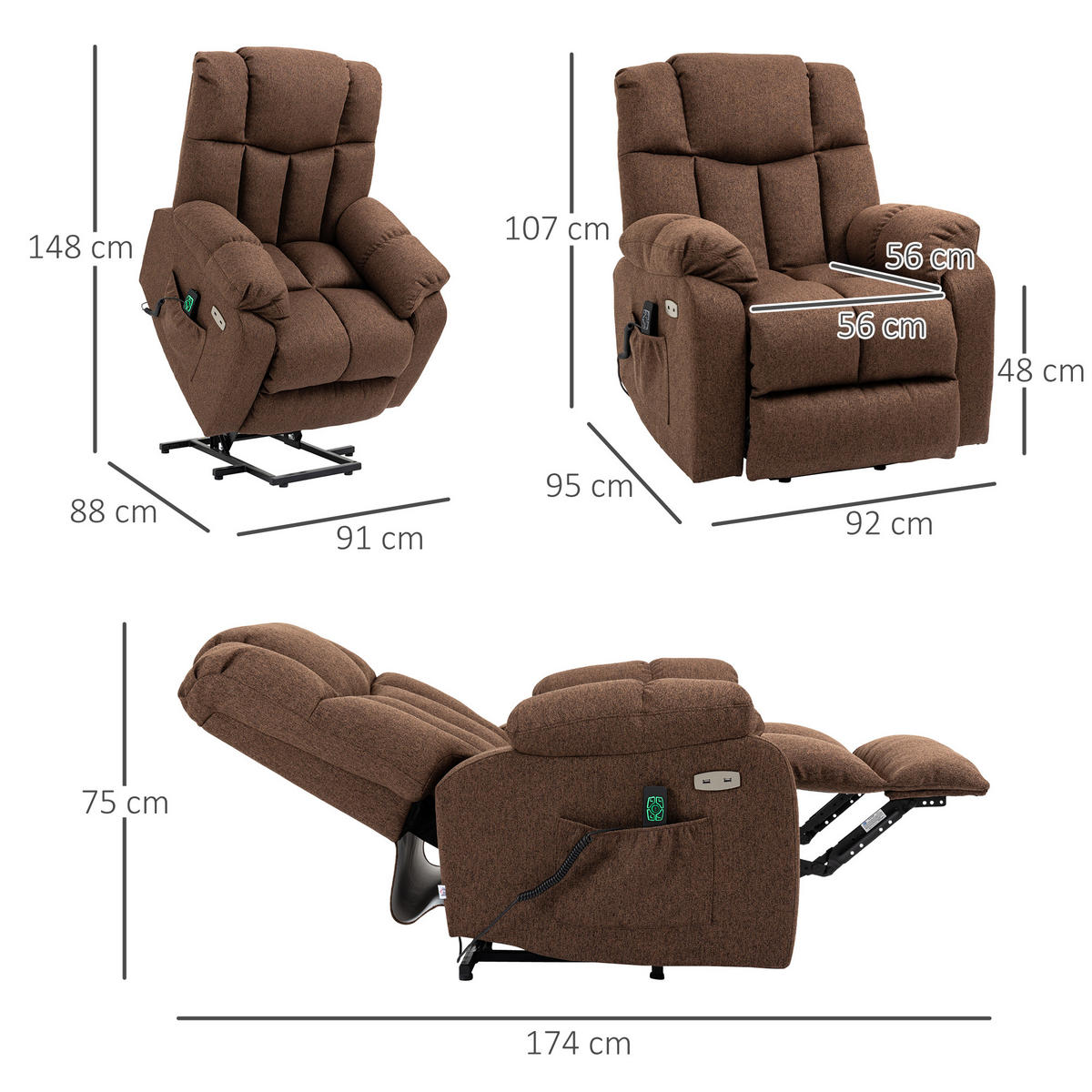 SESSEL mit Aufstehhilfe, Polyester - Braun, Kunststoff (95/107/92cm) - HOMCOM