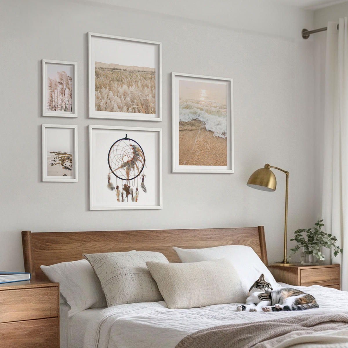 WANDBILDER 5er-Set - 50x50 cm & 20x30 cm & 40x60 cm Weißer Rahmen - Strandgras, Wellen, Steine, Boho-Stil - Weiß, Kunststoff (40/60cm) - ArtPrintCave