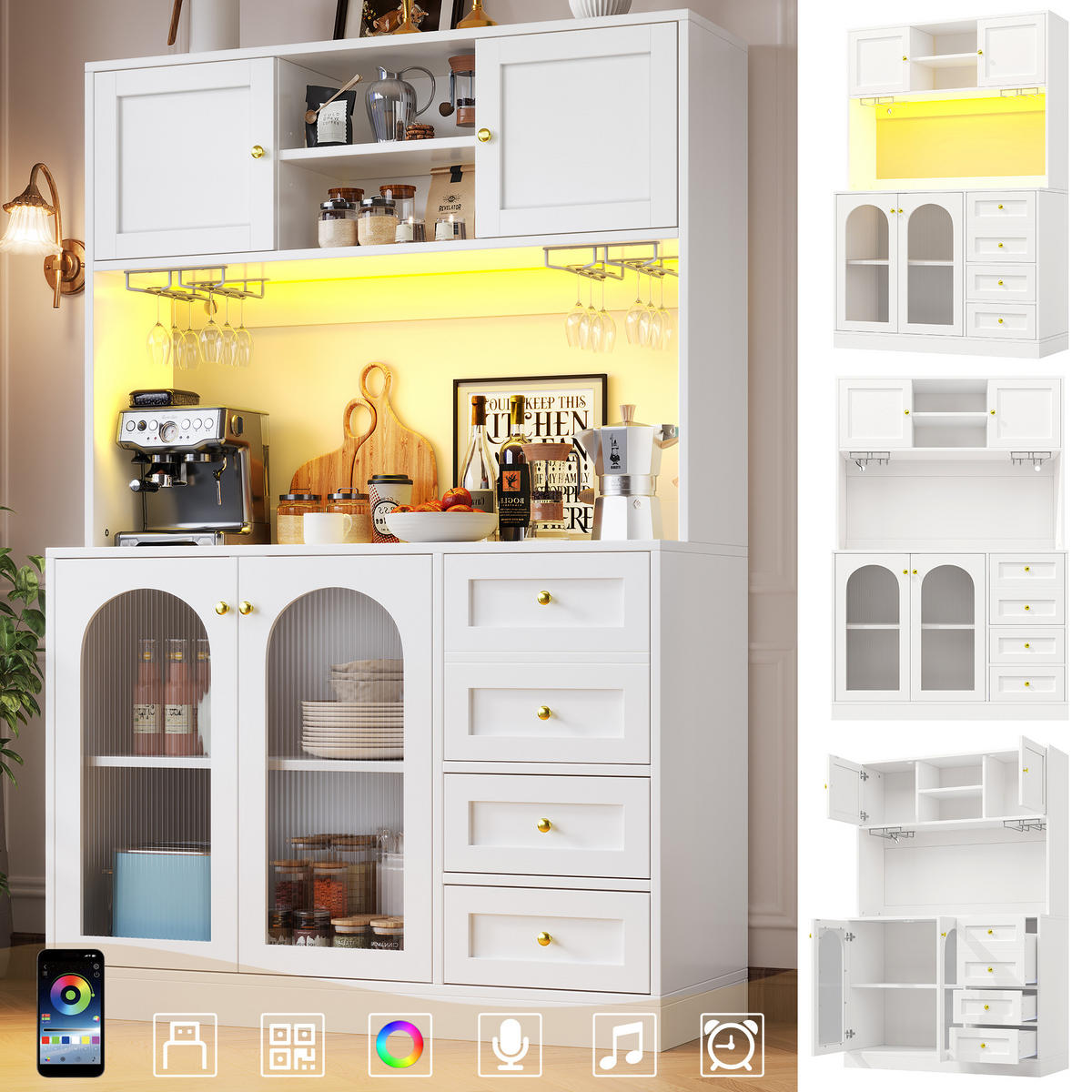 BUFFET Küchenschrank LED App Steuerung Fluted Glas MDF Anti Kipp Metallgriffe 120/40/188 cm Weiß - Weiß, Glas/Holzwerkstoff (120/188/40cm) - EVRYAE