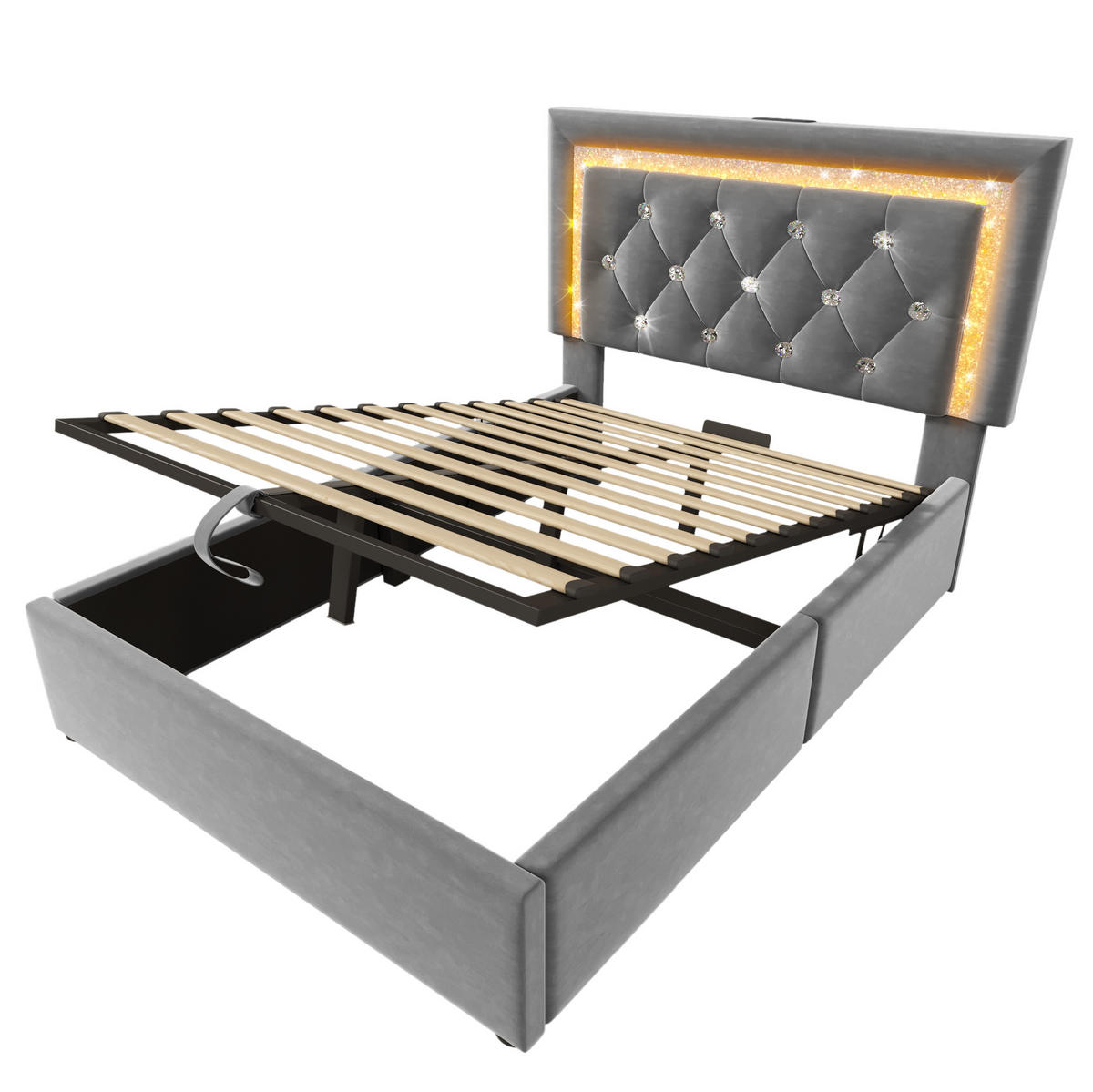 POLSTERBETT 90/200 cm Grau aus Samt mit LED und Bettkasten - Grau, Textil (90/200cm) - OKMYHOME