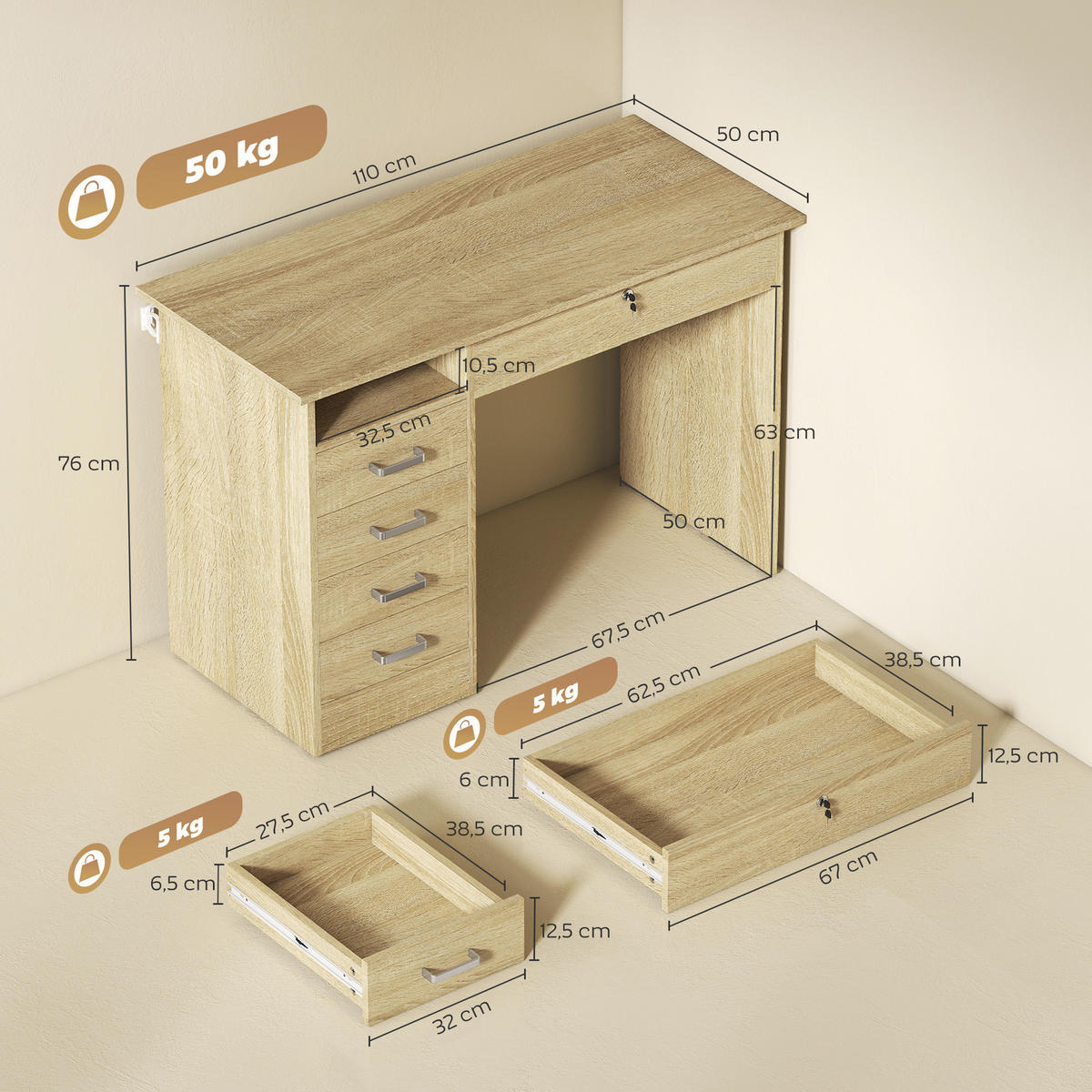 SCHREIBTISCH Eiche mit 5 Schubladen und offenem Fach 110/50/76 cm - Eichefarben, Holzwerkstoff (50/110/76cm) - PANGIVO