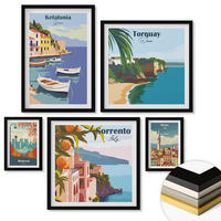 WANDBILDER 5er-Set - 50x50 cm & 20x30 cm & 40x60 cm Schwarzer Rahmen - Retro-Illustrationen berühmter Orte - Schwarz, Kunststoff (40/60cm) - ArtPrintCave