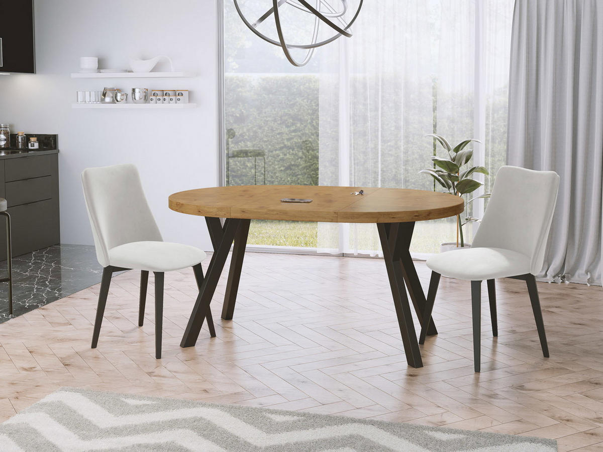 ESSTISCH Twixy runder ausziehbarer, Lancelot Eiche 100-150/100/76 cm - Eichefarben/Schwarz, Holz/Holzwerkstoff (100/150/76cm) - WFL GROUP