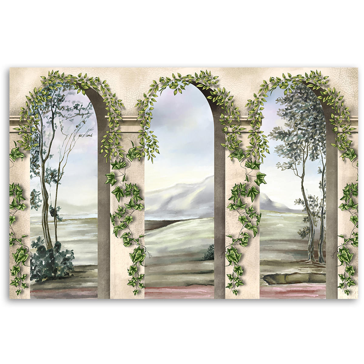 WANDBILD säulen und bögen mit efeu - Beige, Textil (60/40cm) - Feeby