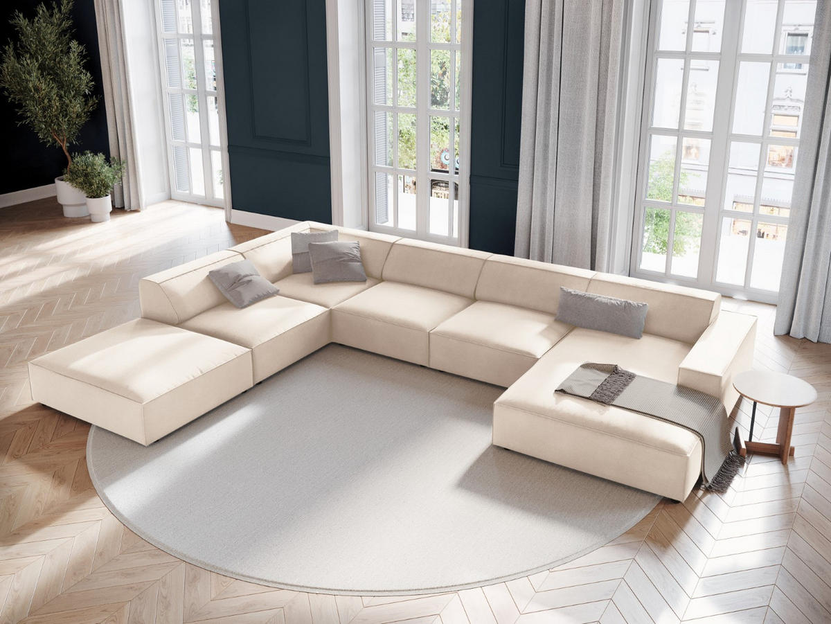 PANORAMASOFA links Jodie aus Samt leichtes beige 7 Sitzplätze - Beige, Textil (262/70/364cm) - Micadoni