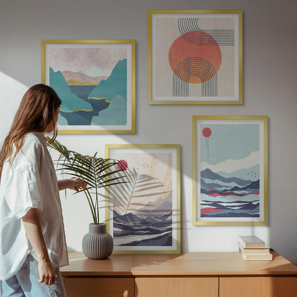 BILDER SET 4er Set - 50x50 cm & 40x60 cm Goldrahmen - Japanische Berglandschaften - Goldfarben, Kunststoff (50/50cm) - TULUP