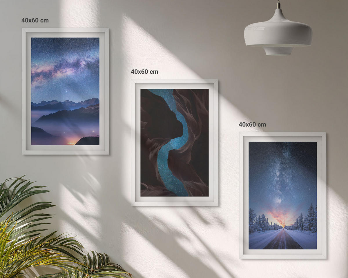 WANDBILDER 3er-Set - 40x60 cm Weißer Rahmen - Nachthimmel, Berge, Winterlandschaft - Weiß, Kunststoff (40/60cm) - ArtPrintCave