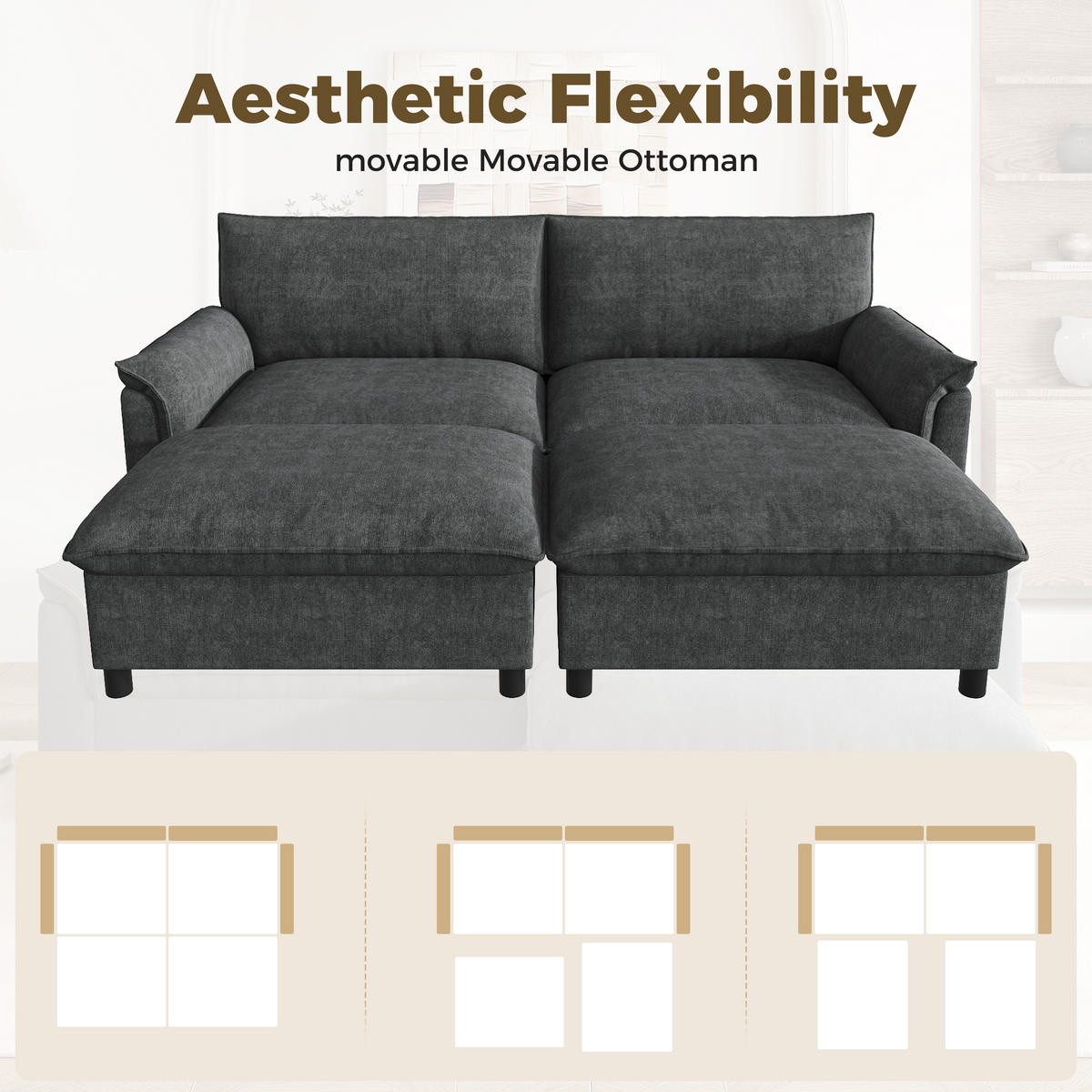 SOFA Schwarz U-Form Cloud Modular Deep Seat 216cm Hocker - Schwarz, Textil (77/82/216cm) - FLIEKS