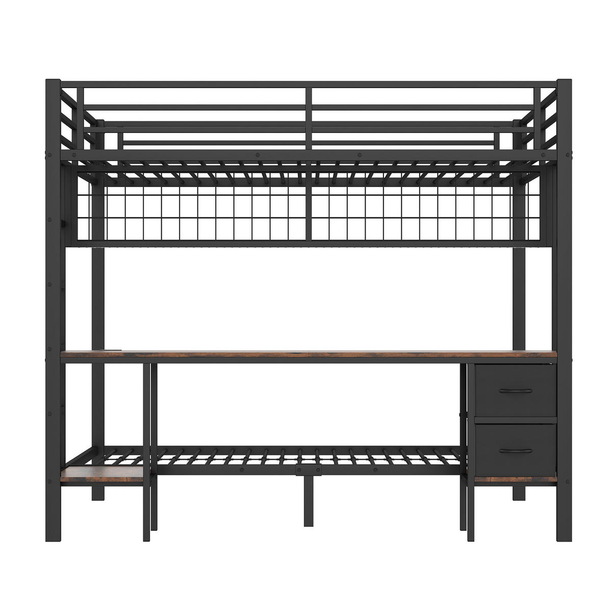 HOCHBETT aus Metall 140x200 cm Schwarz mit Schreibtisch, Schubladen, Ablagen, Hängegitter, LED-Leiste und USB-Anschluss - Schwarz, Metall (90/200cm) - Modfu