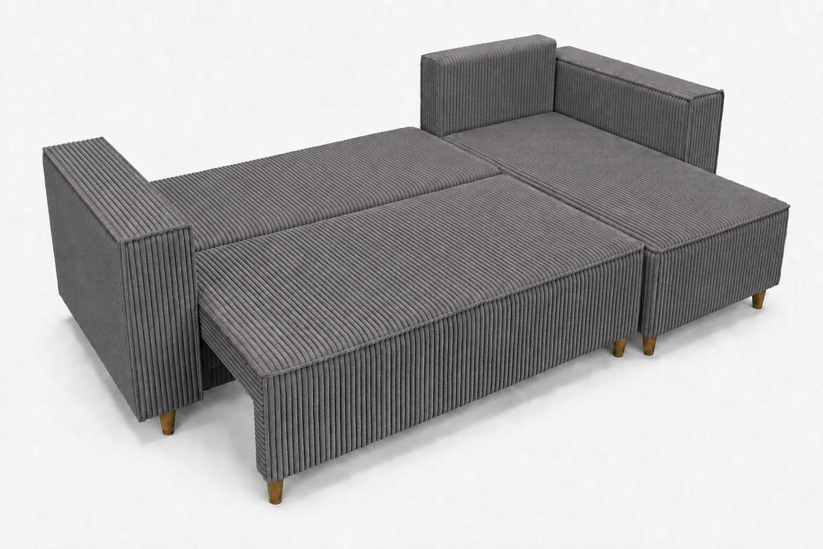 ECKSOFA mit Schlaffunktion und Bettkasten Rio, Ecksofa Cordstoff Grau, Ottomane Universal, 249x142 cm - Grau, Textil (249/142cm) - Marpur