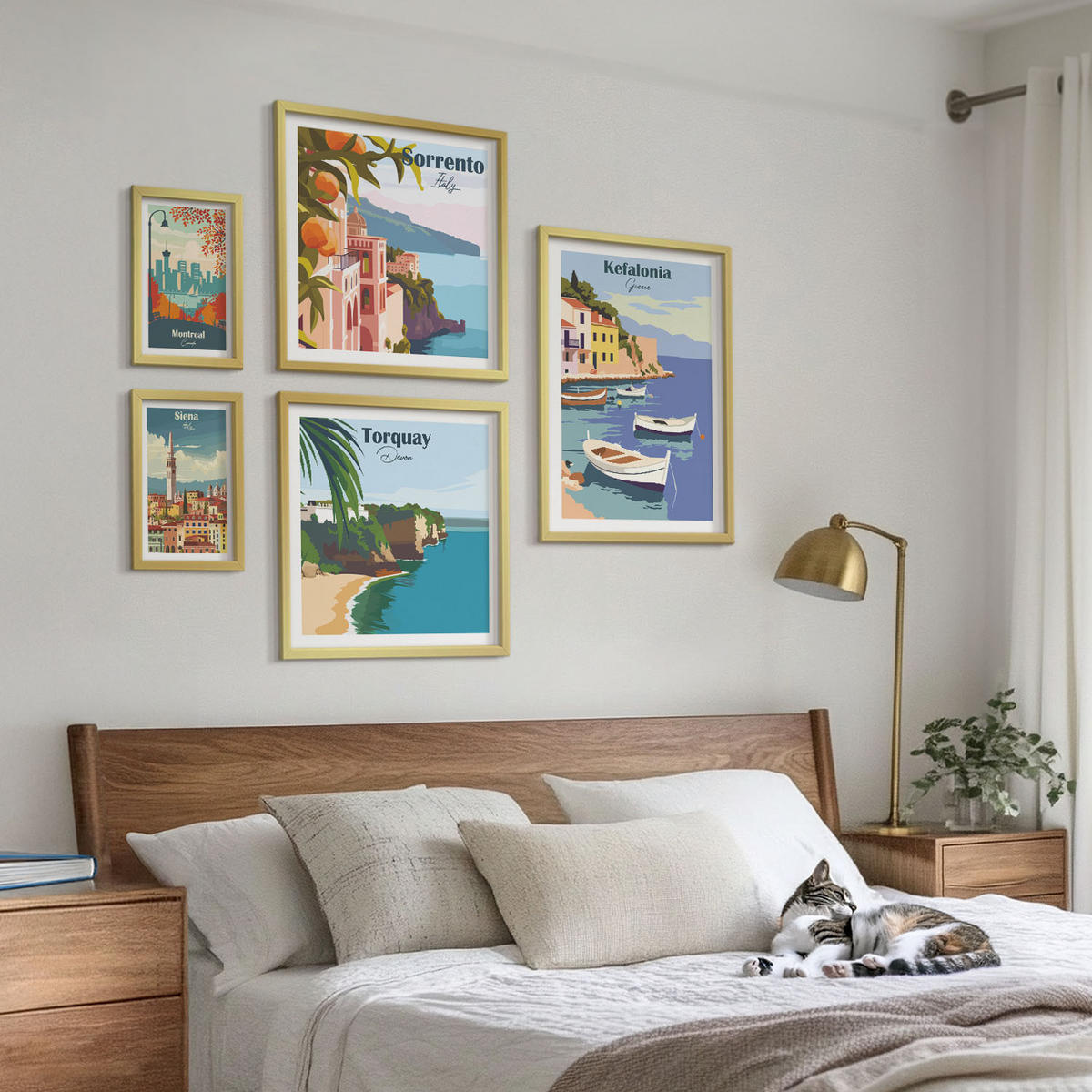 BILDER SET 5er Set - 50x50 cm & 20x30 cm & 40x60 cm Goldrahmen - Retro-Illustrationen berühmter Orte - Goldfarben, Kunststoff (40/60cm) - TULUP