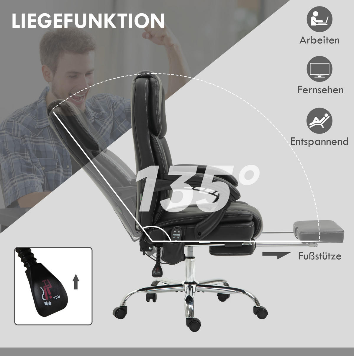 BÜROSTUHL mit Massage und Fußstütze höhenverstellbar Schwarz - Schwarz, Kunststoff (67/126/66cm) - Meubliv