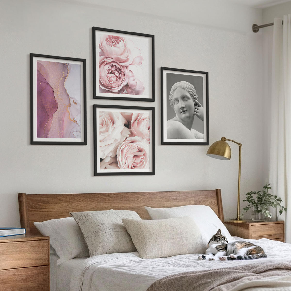 BILDER SET 4er Set - 50x50 cm & 40x60 cm Schwarzer Rahmen - Pfingstrosenskulptur einer Frau - Schwarz, Kunststoff (50/50cm) - TULUP