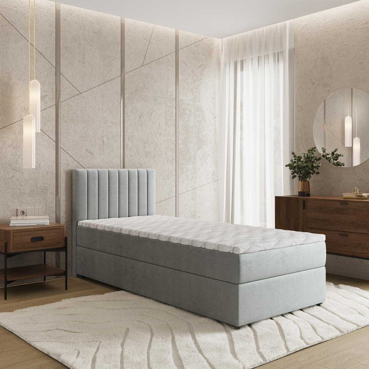 BOXBETT BRESEL 80 80x200 cm mit Matratze und Topper, H2+H3 - Hellgrau - Hellgrau, Holz (80/200cm) - MASSENO