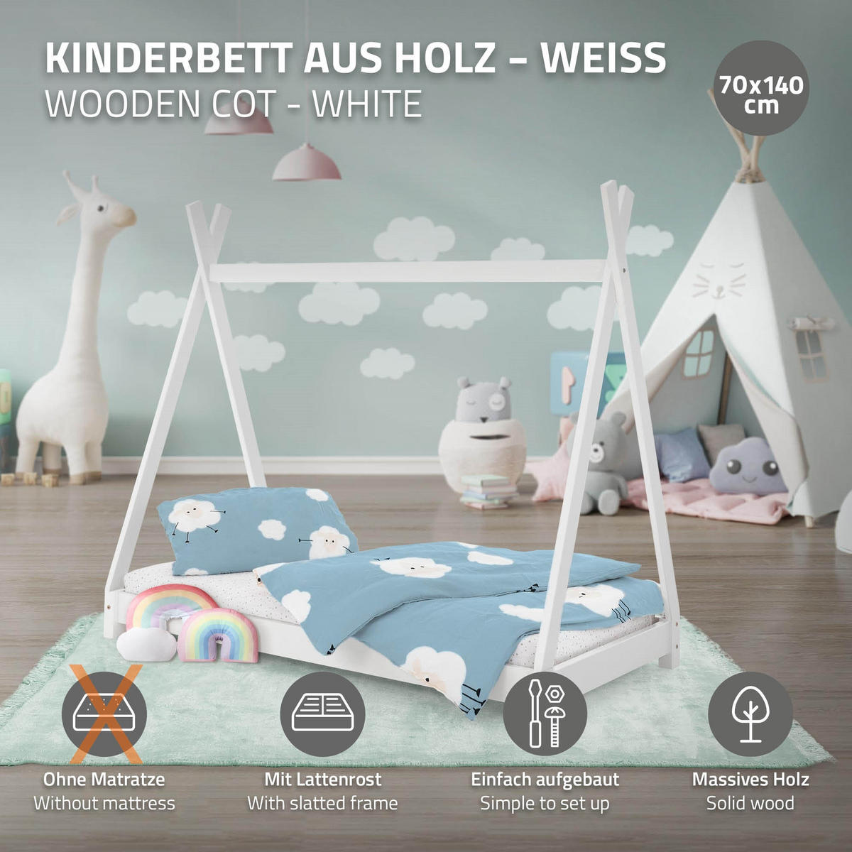 KINDERBETT Tipi 70x140 cm Weiß - Weiß, Holz (77.5/137/147.5cm) - ML-DESIGN