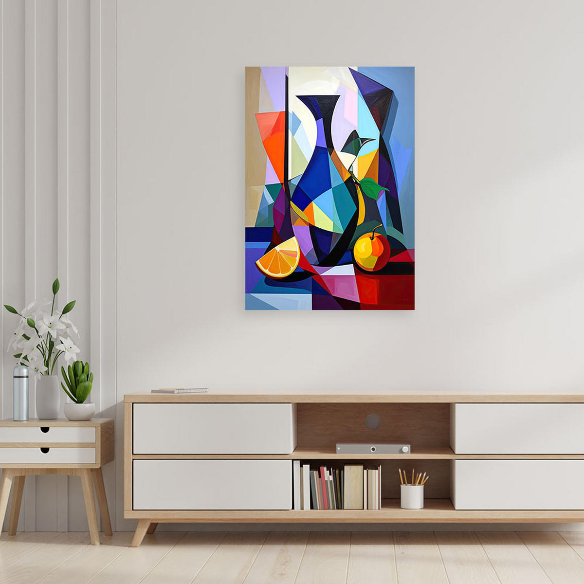 LEINWANDBILD, Kubistisches Stillleben mit Früchten und einer geometrischen Vase - Multicolor, Textil (80/120cm) - Feeby