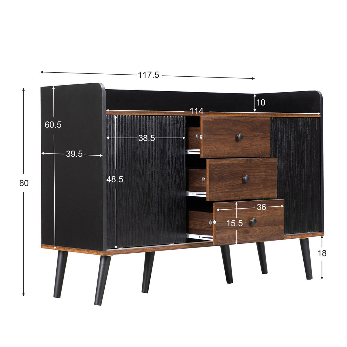 SIDEBOARD 117x39x79 cm Schwarz, 3 Schubladen, 2 Schiebetüren, Holzbeine, Modern - Schwarz, Holz (117/79/39cm) - PARAFTA HOME