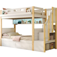 ETAGENBETT aus Kiefernholz und MDF 90x200+90x200 cm Weiß mit hydraulischem Unterbett, LED-Licht und Stauraumtreppe - Weiß, Holz (90/200cm) - Modfu