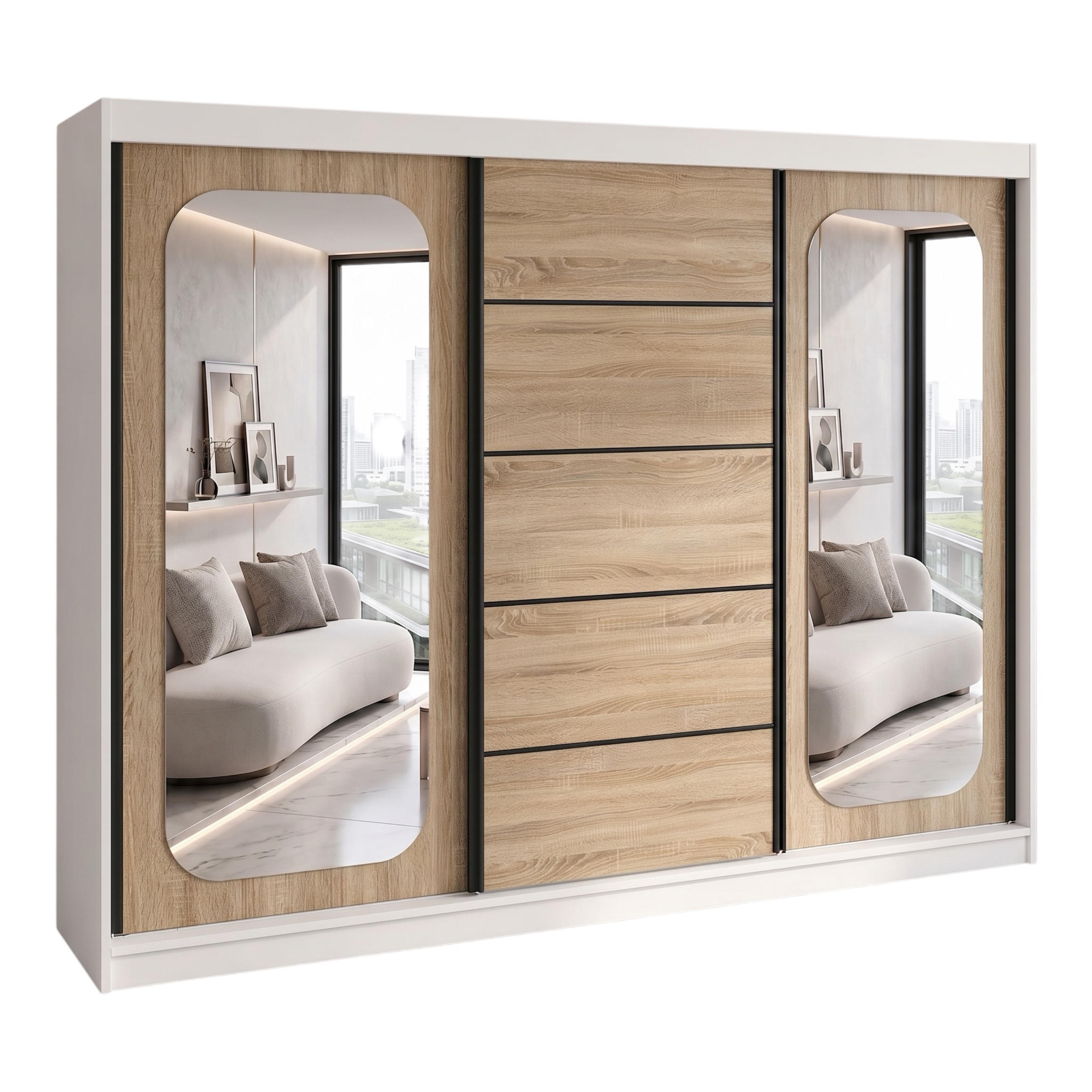 SCHWEBETÜRENSCHRANK BELANO 200 cm. Innenausstattung: Premium Plus - Weiß/Braun, Holzwerkstoff (200/215/59.5cm) - A&J MöbelLand