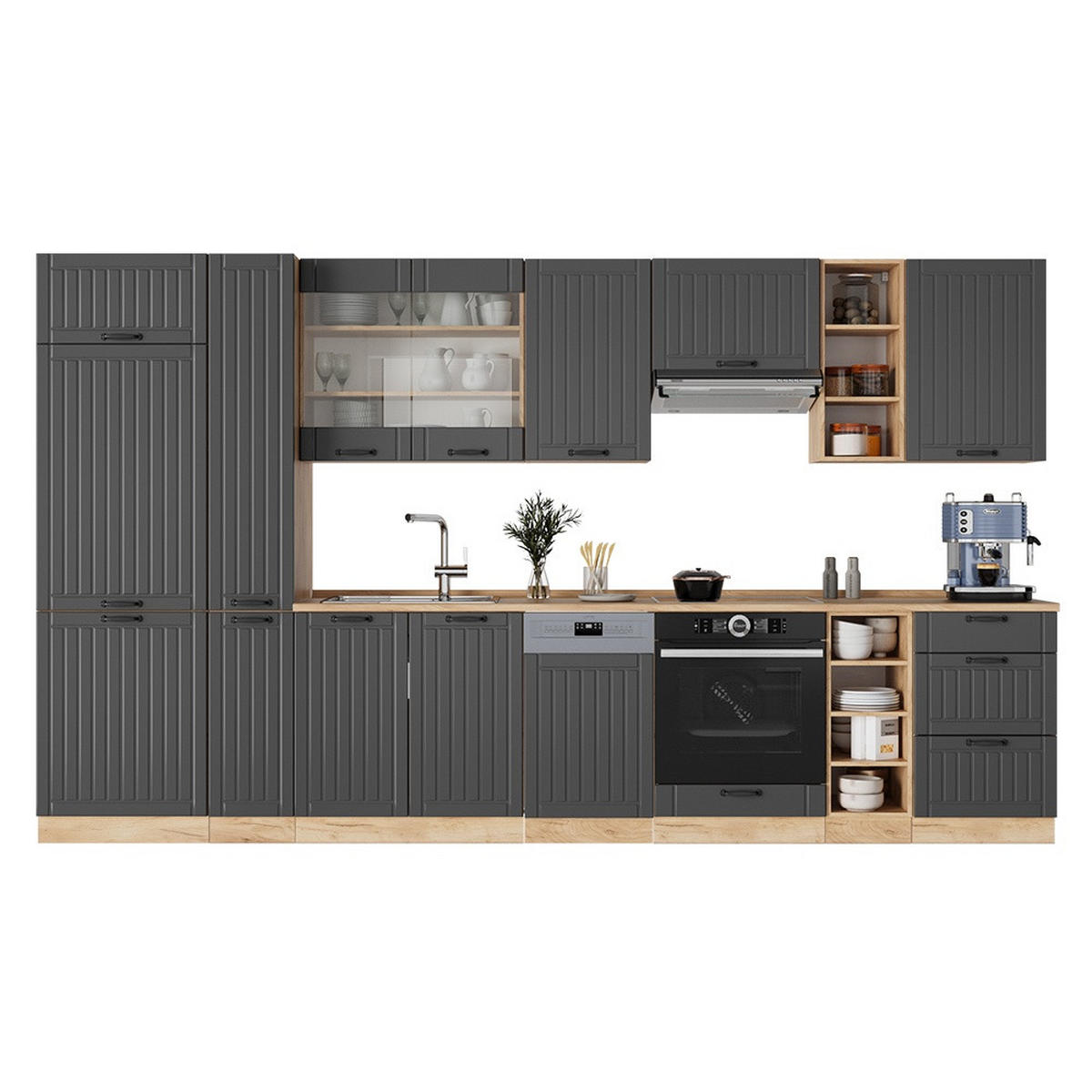 KUHINJA Fame-Line Temno siva 355 cm brez delovne plošče - temno siva/medeni hrast, leseni material (355/206.8/51.6cm) - Vicco