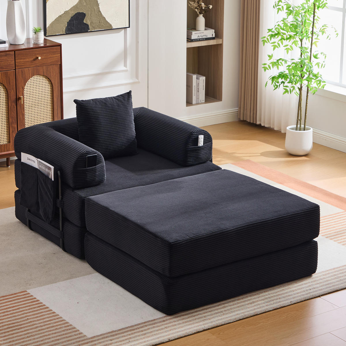 SOFA Cord Schwarz mit Kissen und Hocker - Schwarz, Textil/Metall (112/67/190cm) - WISHDOR