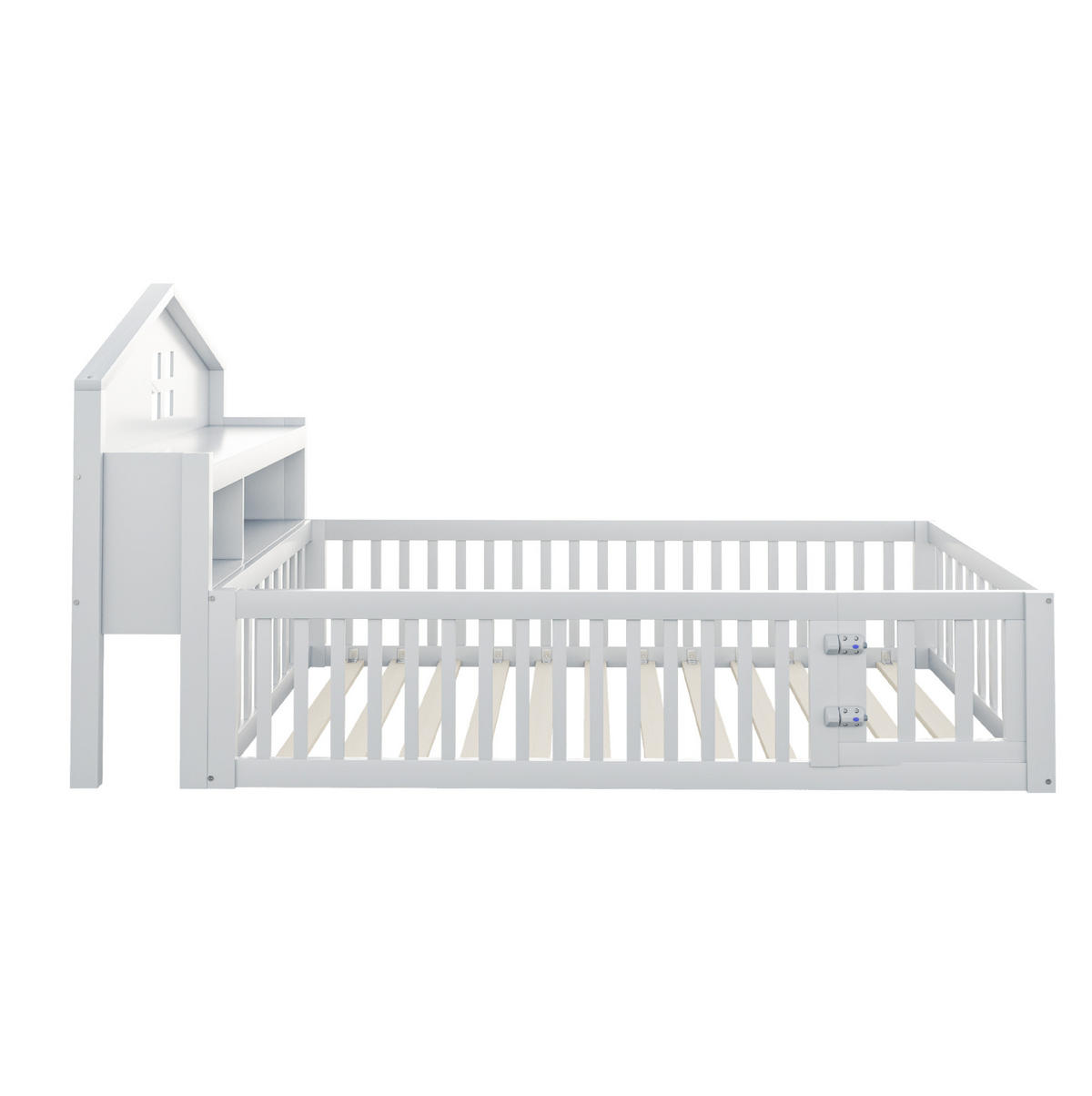 KINDERBETT 90/200 cm in Hausform aus Massivholz mit Stauraum und Schutzgitter - Weiß, Holzwerkstoff (90/200cm) - BEAOK