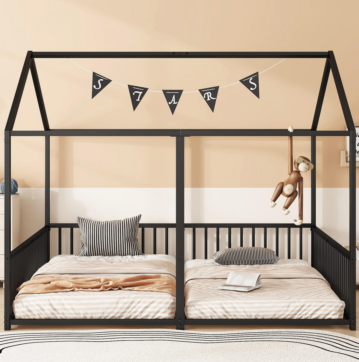 METALLBETT 90/200 cm Schwarz mit Hausform und Geländer - Schwarz, Metall (90/200cm) - OKWISH