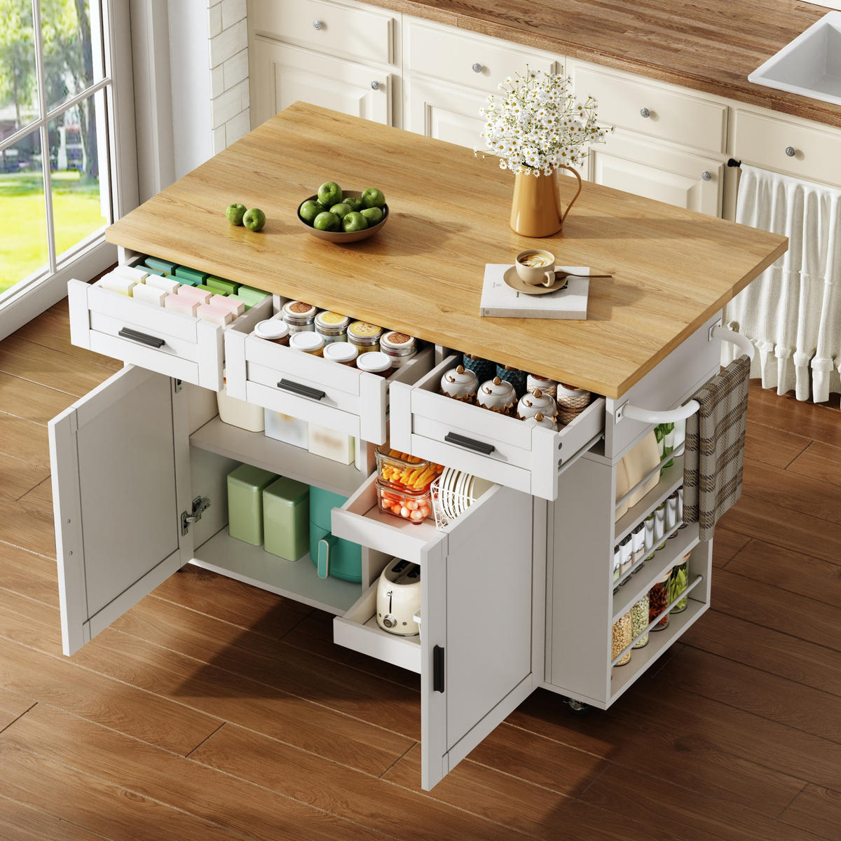 KÜCHENINSEL 84 cm MDF Natur Weiß mit Klappbarer Arbeitsplatte und USB-Steckdose - Weiß, Holzwerkstoff (70/84/120cm) - Korfee