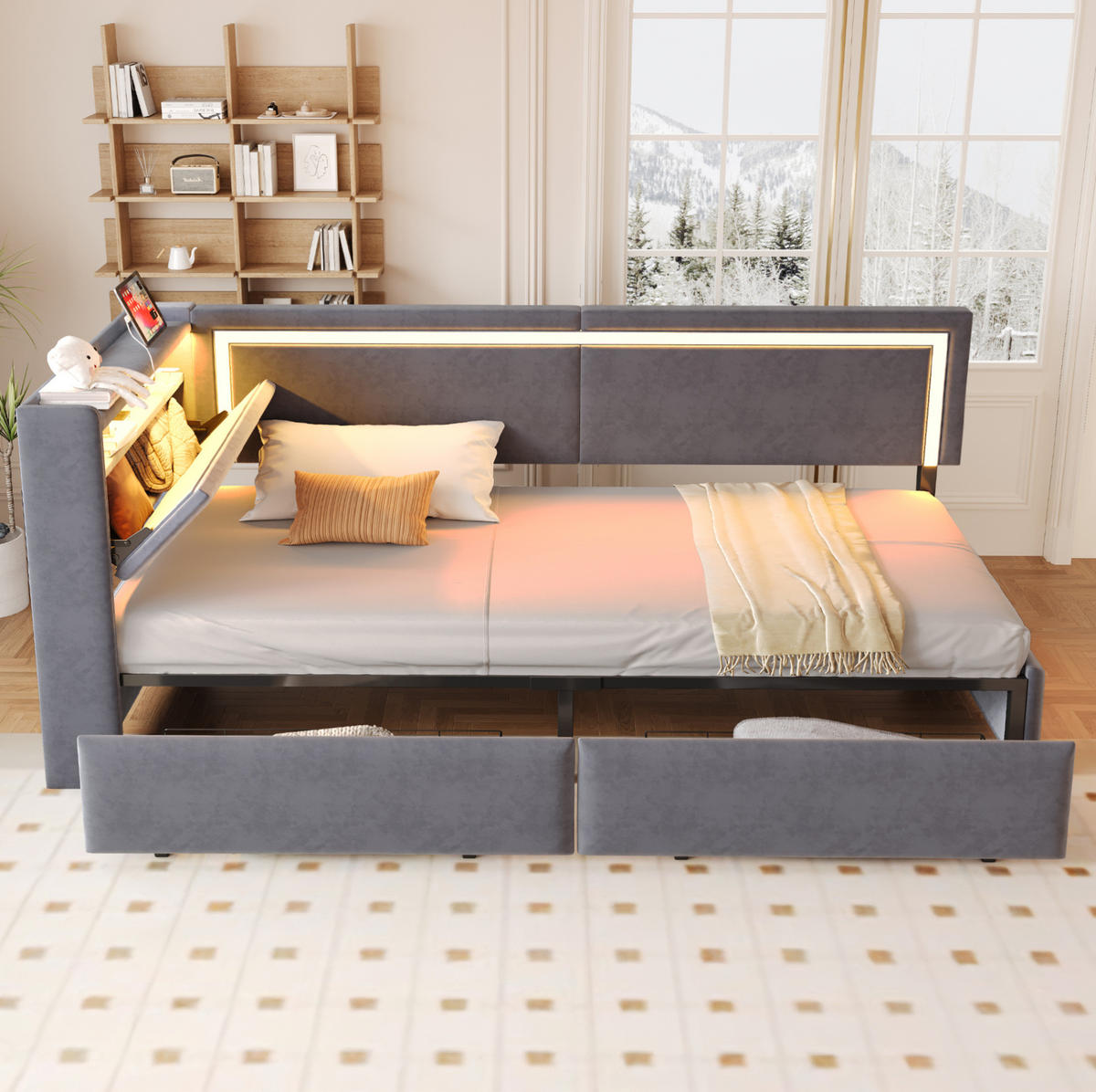 POLSTERBETT 90/200 cm aus Samt mit LED-Beleuchtung und USB-Anschlüssen Dunkelgrau - Dunkelgrau, Textil (90/200cm) - Modenvie